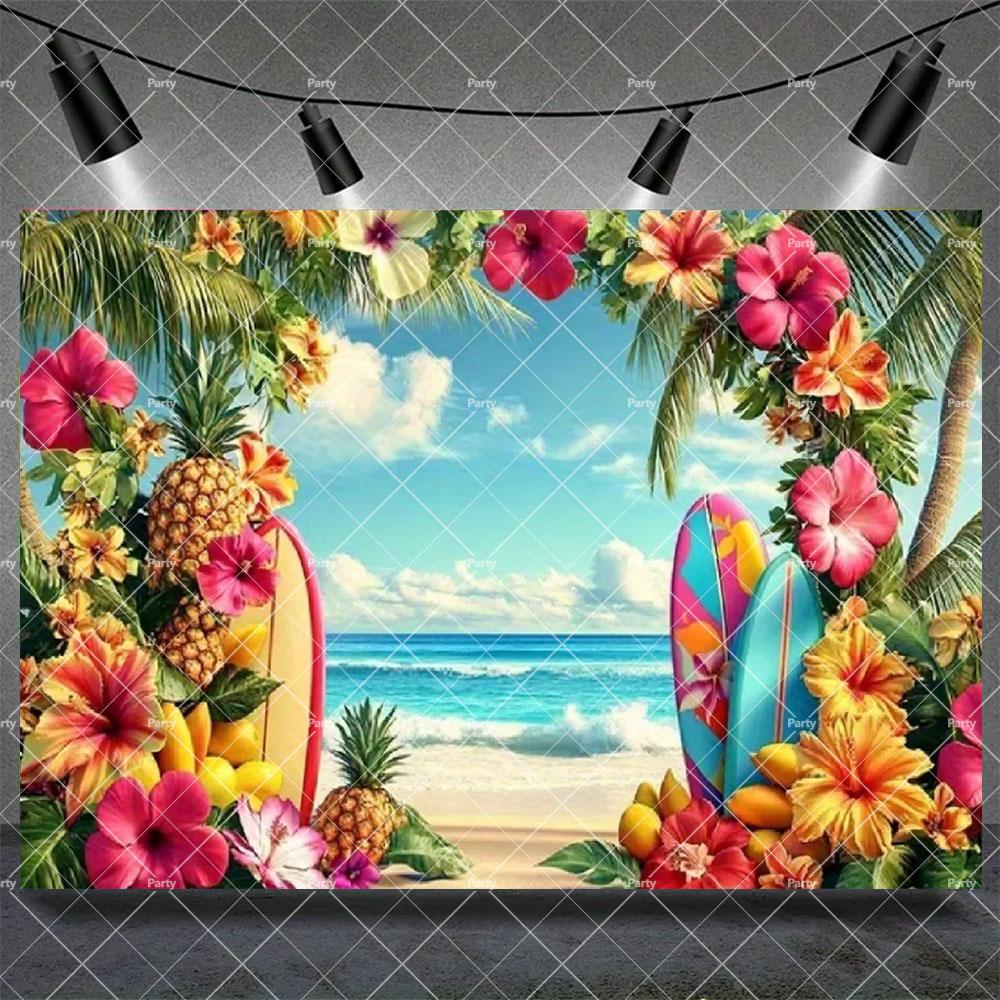 Hawaiian Tropical Summer Beach Background with Flamencos, Flowers, Aloha, Luau, Surfboard, for Parties, Photographic Studio Decoration