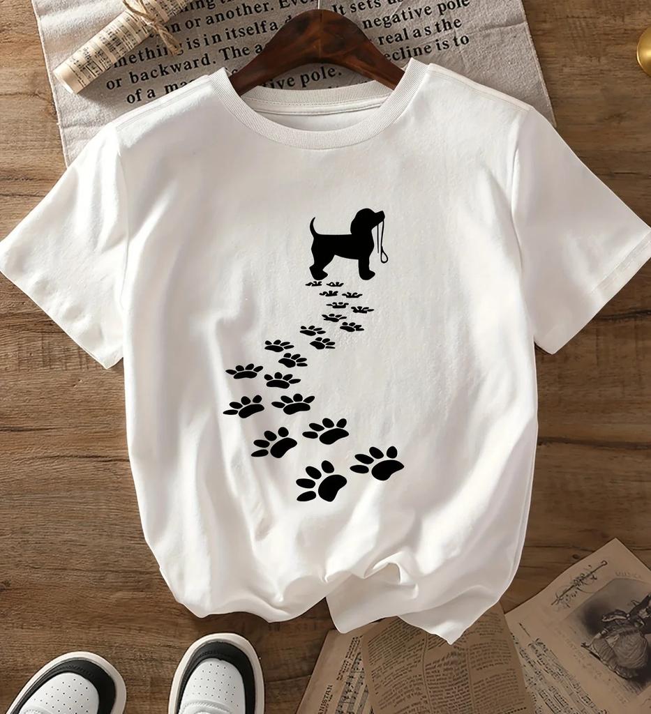 Casual Tshirt Womens Shortsleeve Tshirt with A Dog Paw Print Round Neck Graphic Design Suitable for Clothing