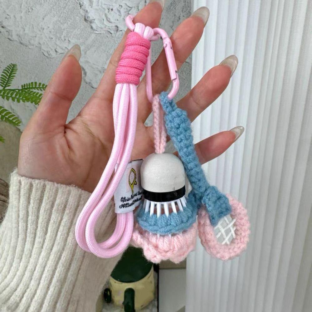 Mini Knitted Badminton Pendant Bright Color Car Keyring Soft Crochet Badminton Keychain  Key Decor