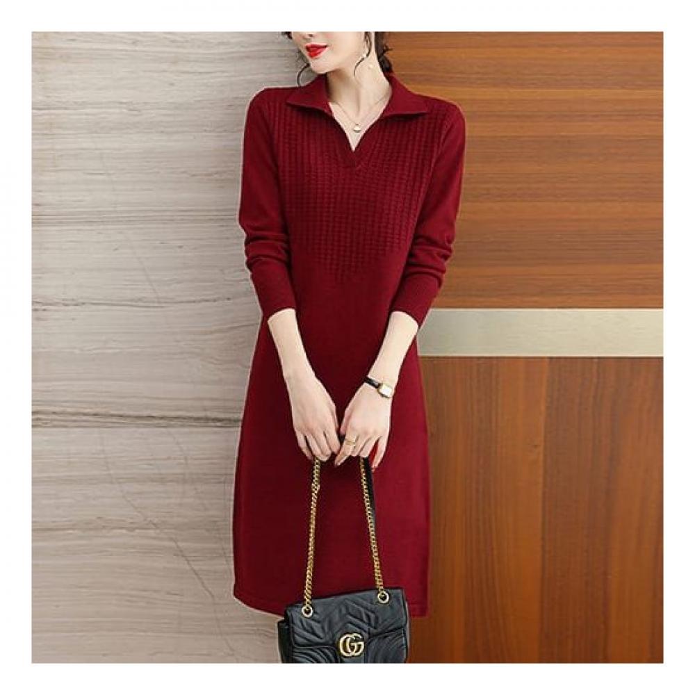 Navava Simple Daily Split Collar Long Sleeve Knit Dress No639