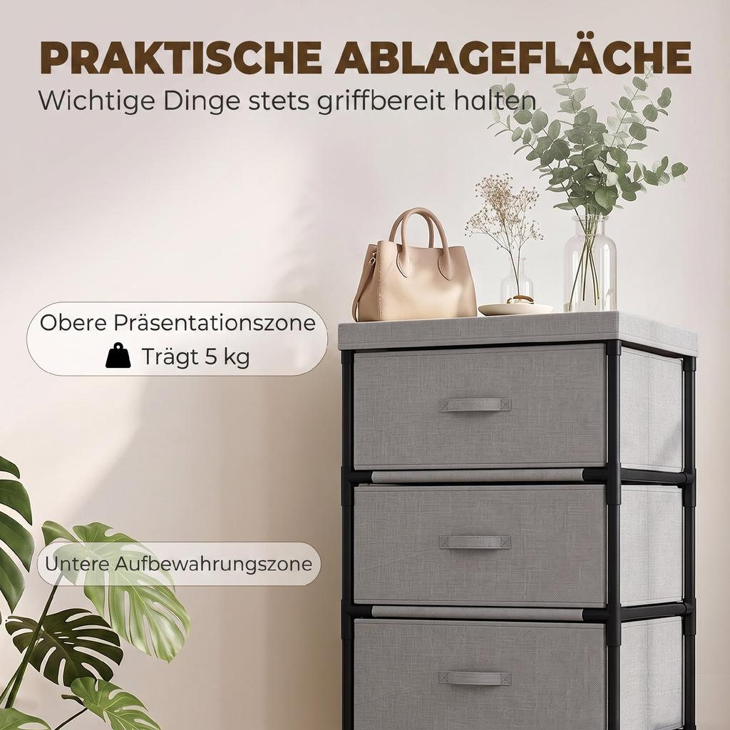 Chest of Drawers with Steel Frame and 4 Drawers, 42 x 32 x 80 cm, Gray/Black