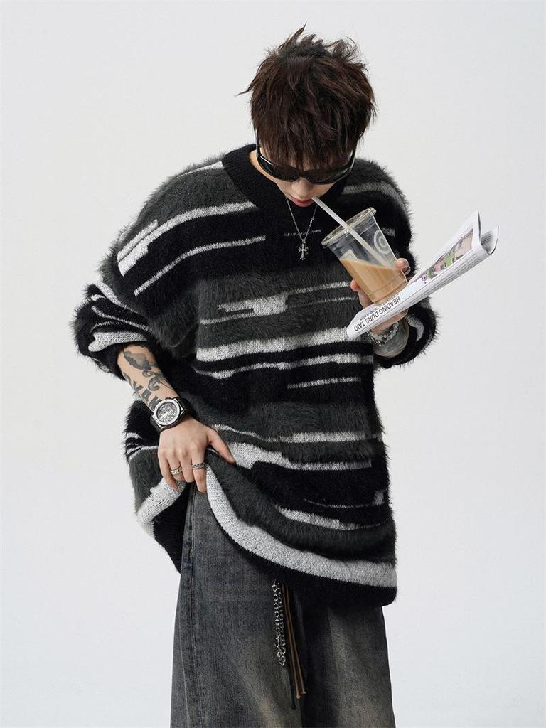 Unisex Mohair Round Neck Color Block Stripe Sweater - Autumn/Winter Casual Loose Fit
