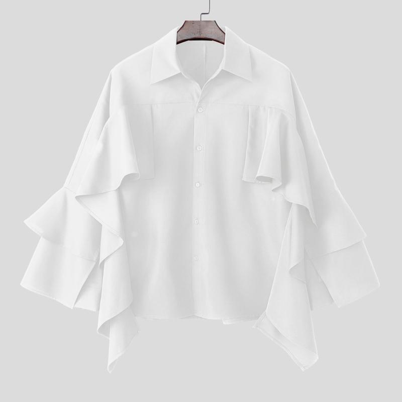 INCERUN Men Lapel Neck Long Sleeve Ruffled Shirts Casual Loose Oversized Tops