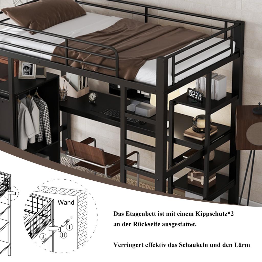 Cama de hierro, litera, adecuada para niños y adolescentes, mesa y armario, compartimentos de almacenamiento, escalera de 5 peldaños, hierro+tablero de partículas, negro, 90x200cm