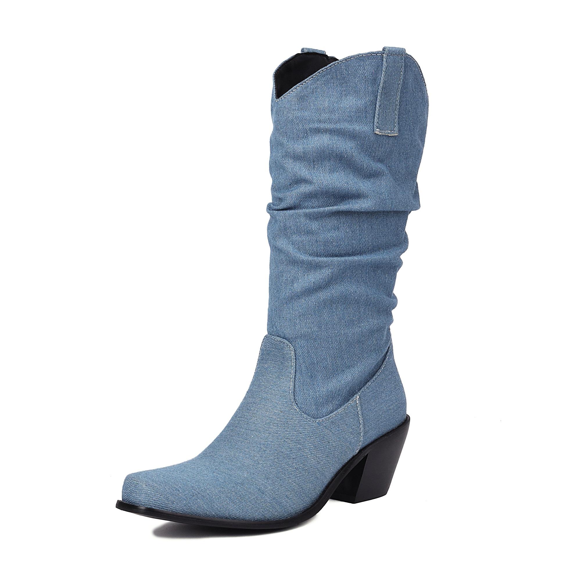 

Western Style Cowgirl Slouch Boots For Women Mid Calf Cowboy Pleated Denim Boots Blue Chunky Heel Shoe 2024 Spring Fall Footwear 14