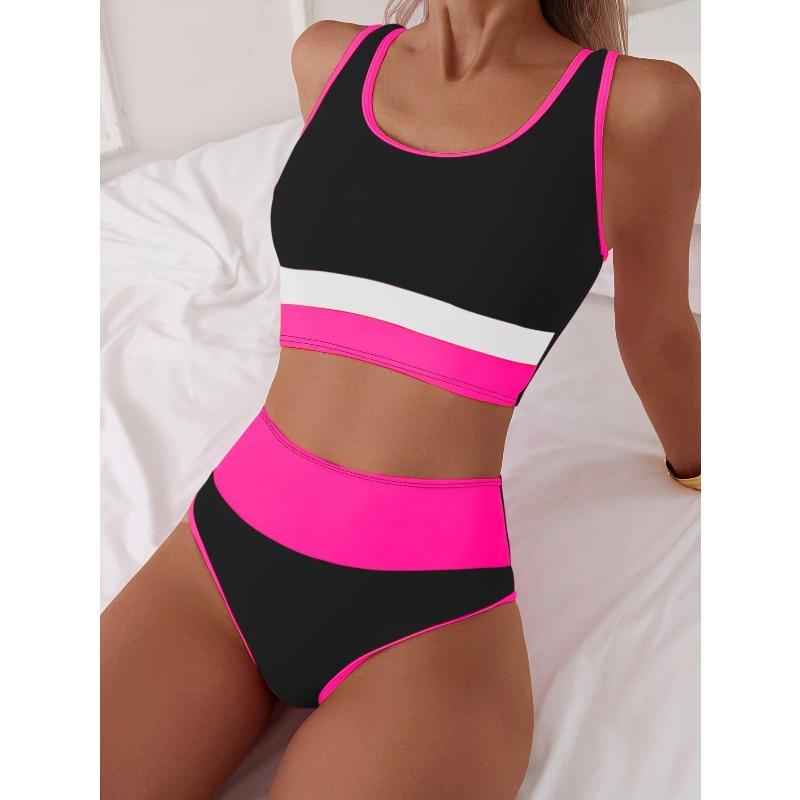 Sporty High Waist Bikinis 2026 Color Block Swimsuit Women Sexy Swimwear Female Bathers Bathing Swimming Swim Suit Beachwear XXL