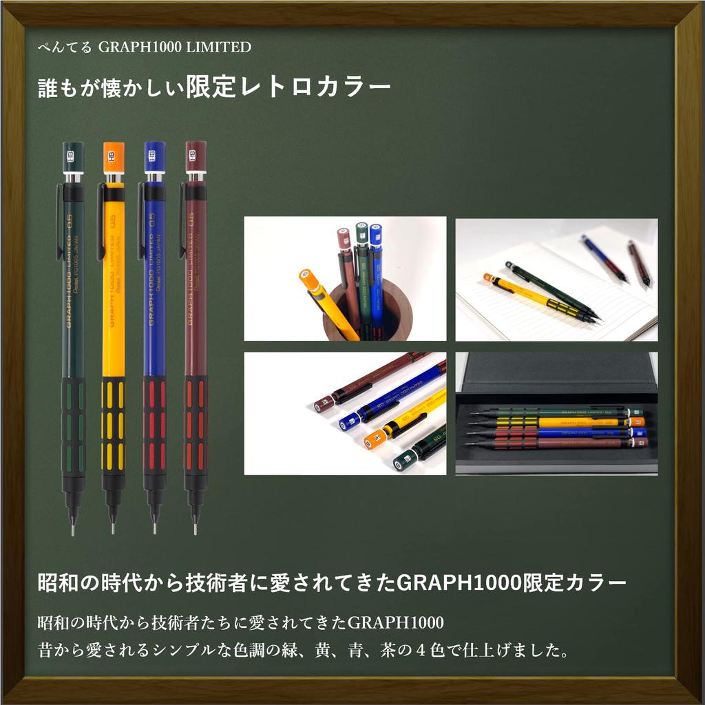 Pentel Mechanical Pencil Graph 1000 Limited Retro Color Retro Eraser High Polymer Lead RingLeaf Original Pen Box [GRAPH1000 LIMITED] & & (Blue