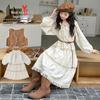 Girls' Autumn British Retro Vest & Ruched Long Dress Two-Piece Set