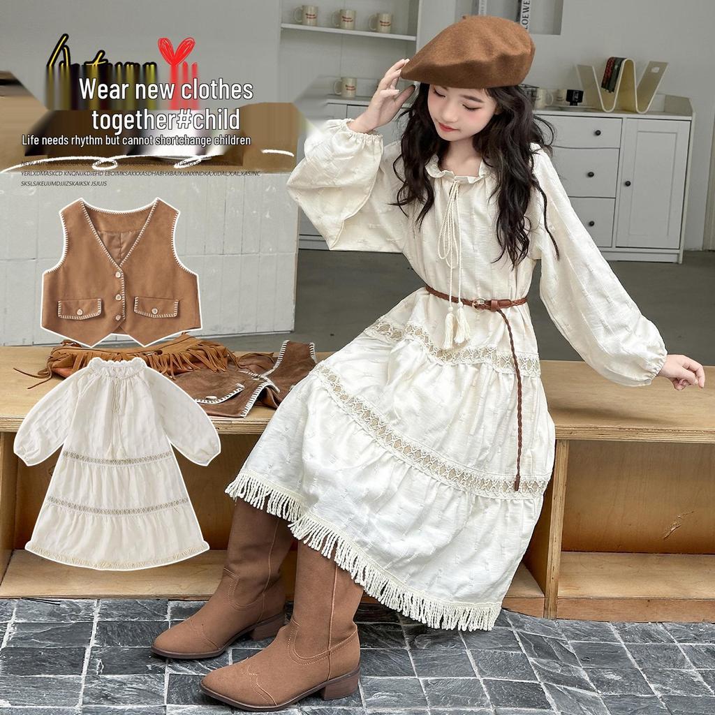 Girls' Autumn British Retro Vest & Ruched Long Dress Two-Piece Set