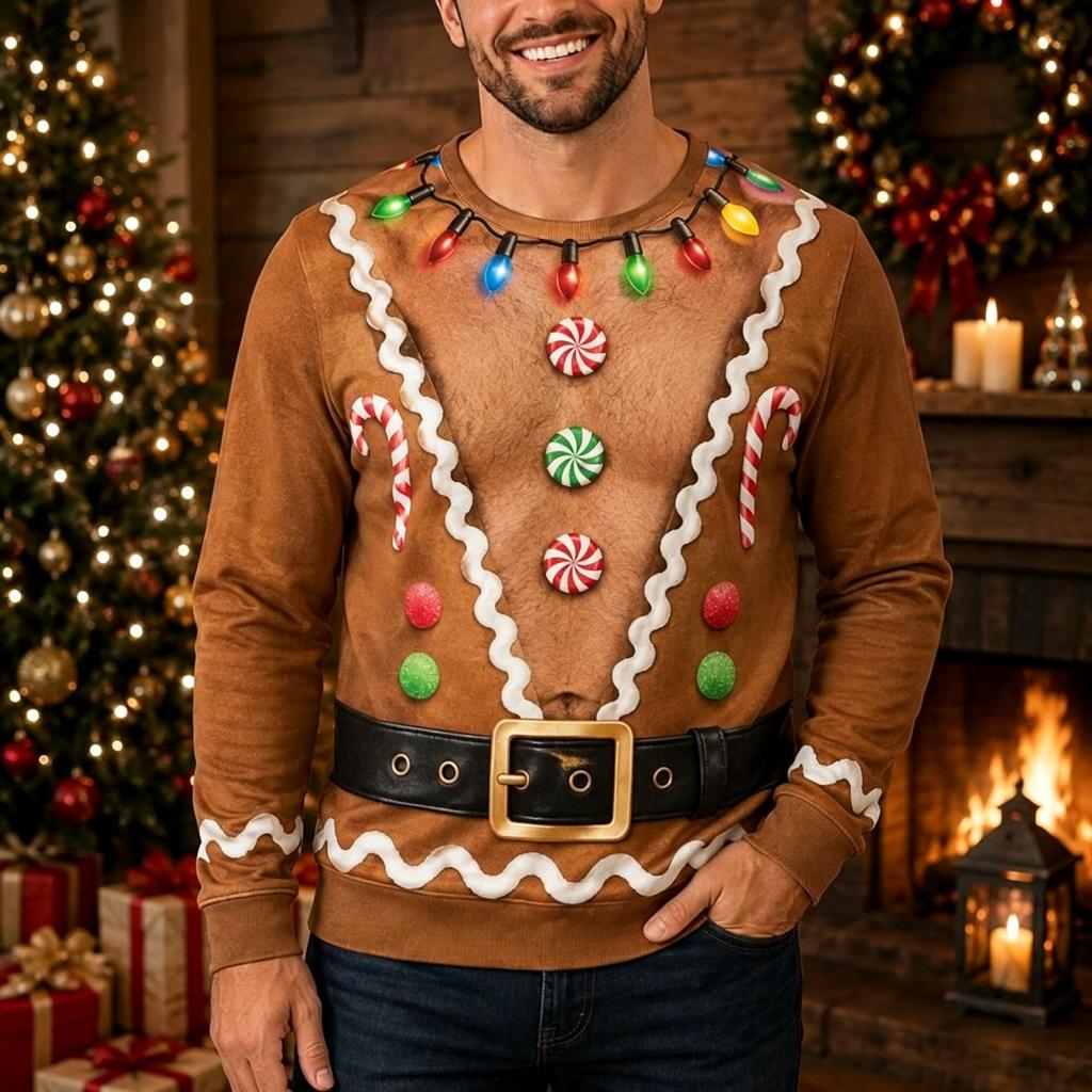 Men's, Long Sleeve Printed Holiday Top