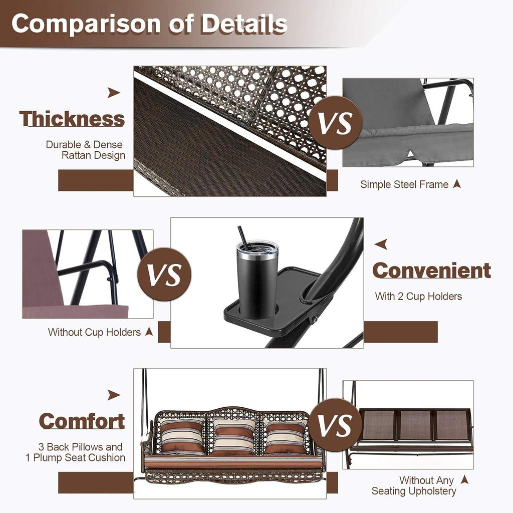 YODOLLA 3-Seat Outdoor Patio Swing Chair with Canopy, Rattan & Steel Frame includes Cushion & Pillow, Brown