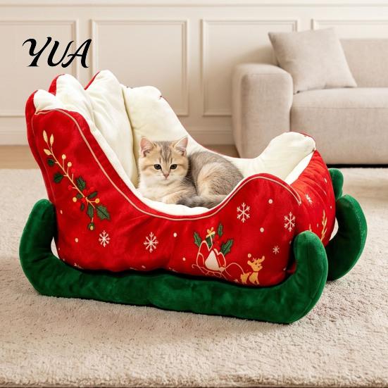 Soft Cotton Cat Bed Christmas Sleigh Shaped Pet Bed, Cozy Holiday Dog Sofa Anti?Slip Base Decorative Cushion, Washable Sleeping for Small