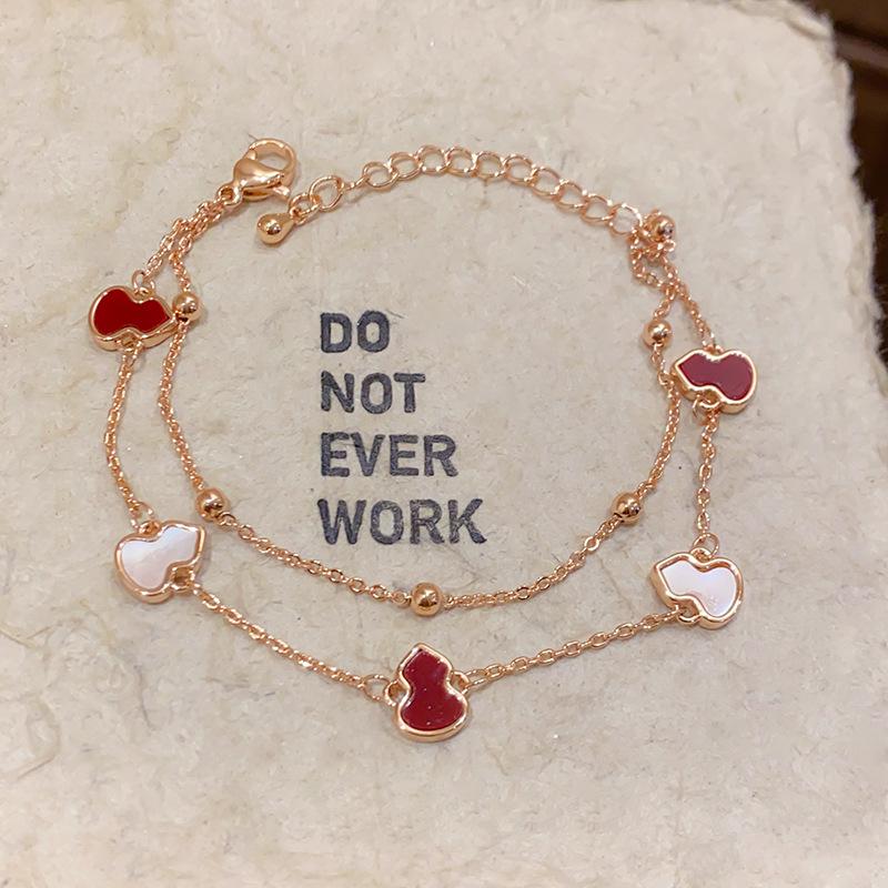 Mother-of-Pearl Double-Layer Gourd Pendant Bracelet - Chic Chinese Style Luxurious Hand Jewelry