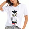 Graduation Owl Ladies Cotton T Shirt, Premium Cotton Graphic, Durable, Casual Fashion. Cute Cartoon Owl On Books Print, Wounisex's Short Sleeve Tee, S