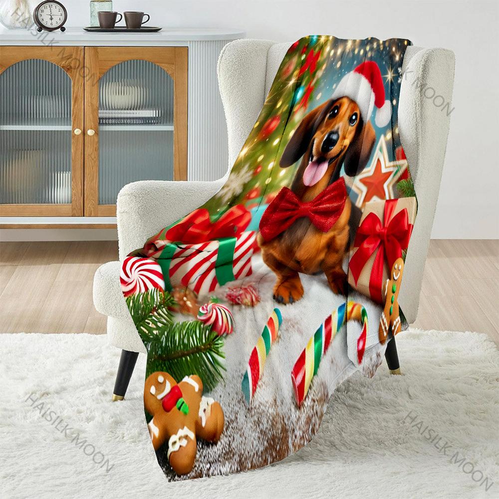 Multi-size Christmas-themed Dachshund Pattern Blanket Flannel Material Soft Warm for All Seasons Home Outdoor Camping Picnics RV