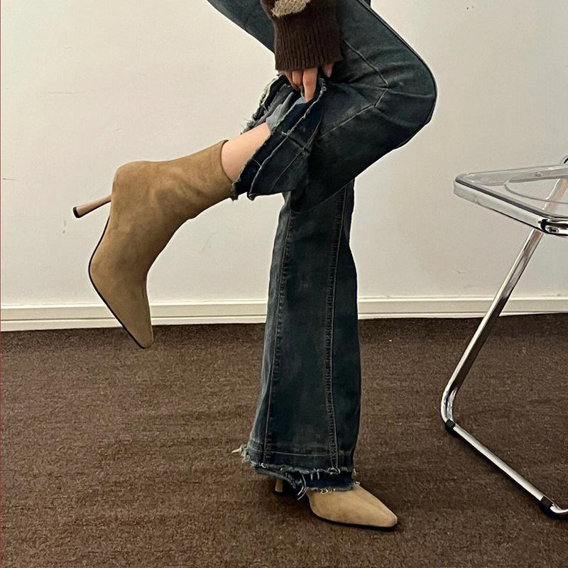 High-heeled short boots women's autumn new thin-heeled medium tube small square head thin temperament suede elastic boots