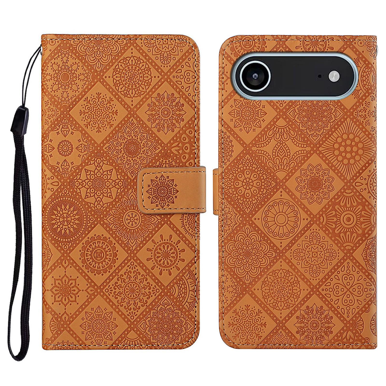 

For iPhone 17 Air Case Leather Case Ethnic Style Wallet Phone Cover with Strap Brown