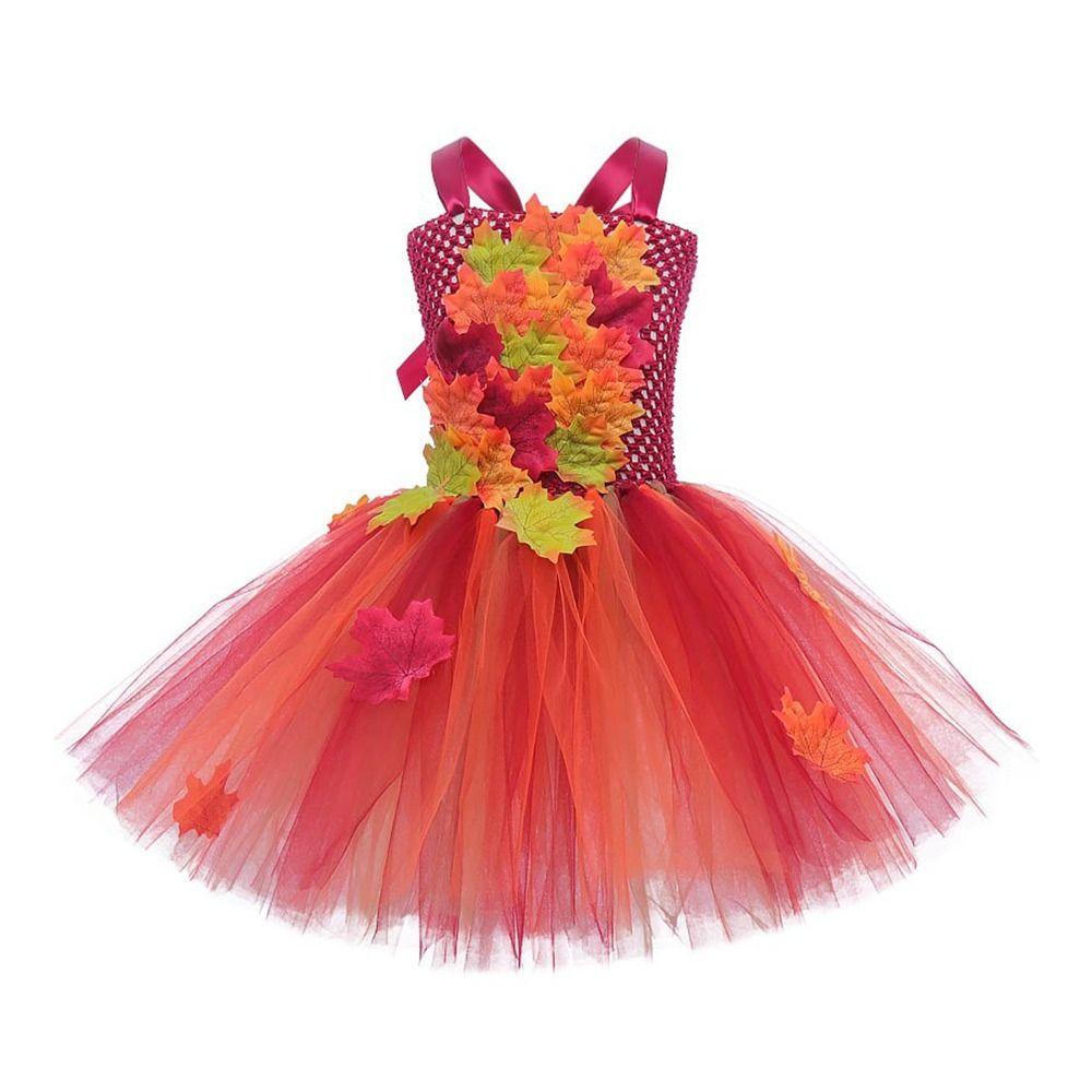 Maple Leaves Princess Dress with Hairpin Thanksgiving DayDress Fashion Dance Costumes  Dance