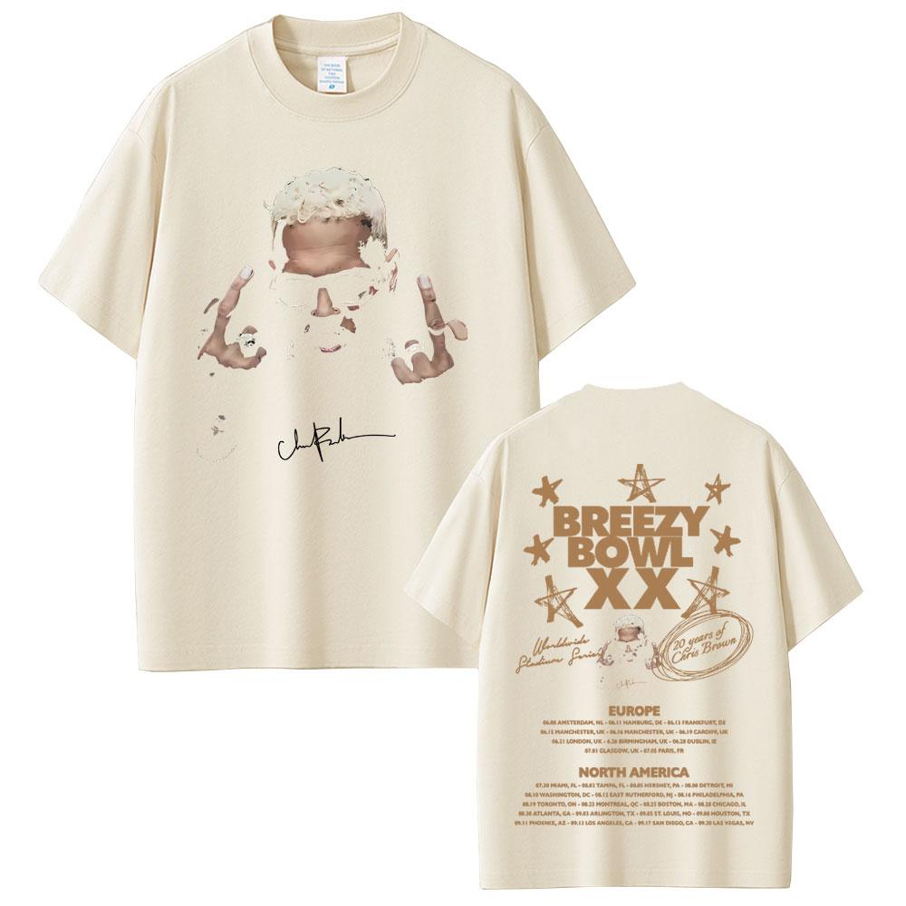 Rapper Chris Brown Face Graphic T-shirts Breezy Bowl XX Tour 2025 T-shirt Summer Unisex Women Hip Hop Fashion Pop Music T Shirts