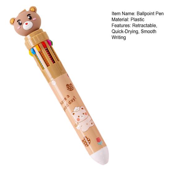 10-In-1 Retractable Ballpoint Pen Cartoon Bear Colored Pen 0.5MM Fine Point Smooth Writing Colorful Ball Pen Students School Office Supplies