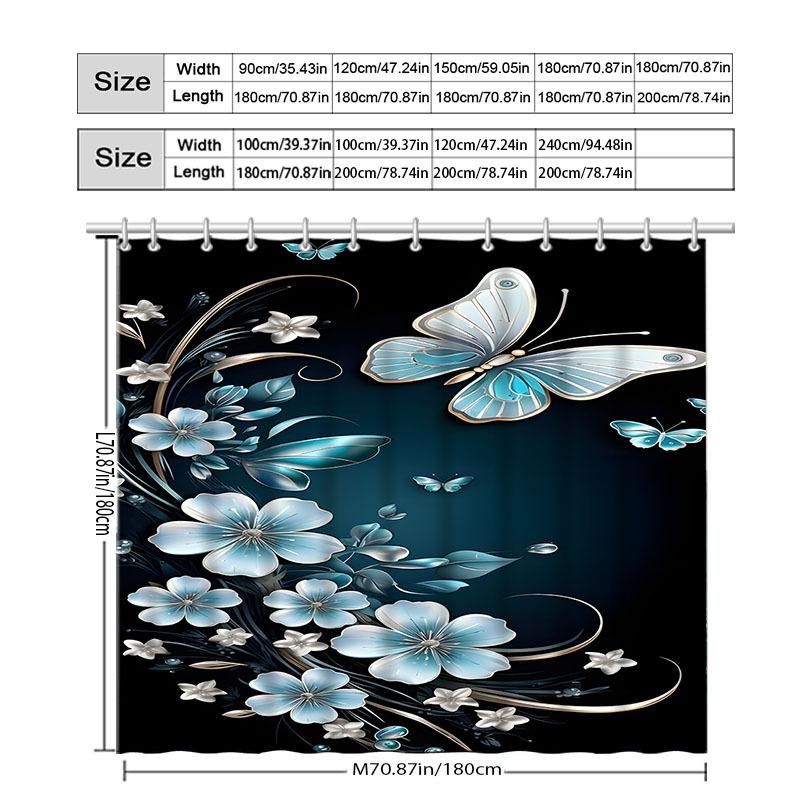 Luxury Butterfly Shower Curtain Blue Floral Design Black Background Waterproof Bath Decor Stylish Home Bathroom Accessories