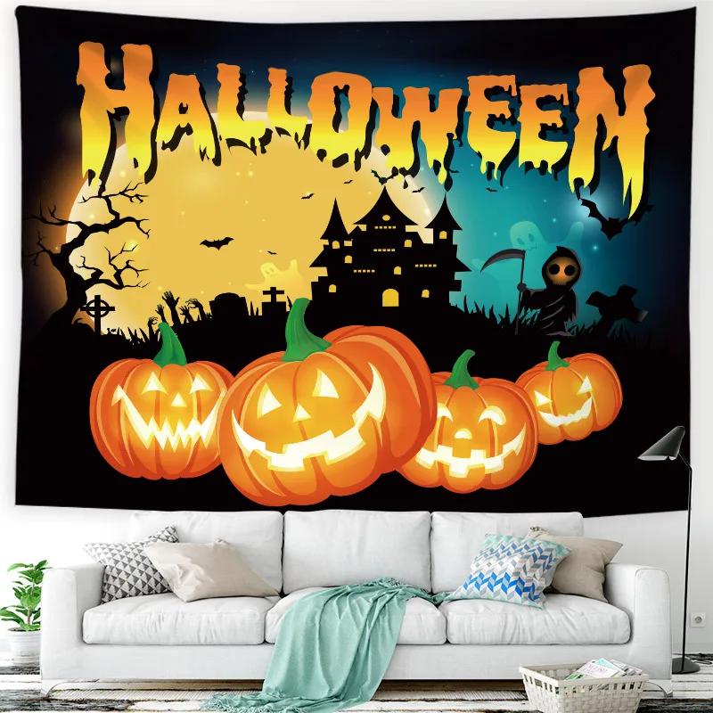 Happy Halloween Tapestry Horror Spooky Castle Pumpkin Wall Hanging Dorm Room Wall Decor Backdrop Fabric Halloween Wall Blanket