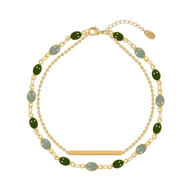 French Retro Romantic Double Metal Gold Bracelet for Woman 2021 New Fashion Jewelry Party Unusual Oval Green Crystal Bracelet