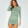 Sexy Women's Clothing 2 Autumn and Winter New Dresses Women's Side Drawstring Long Sleeve Crew Neck Step Skirt