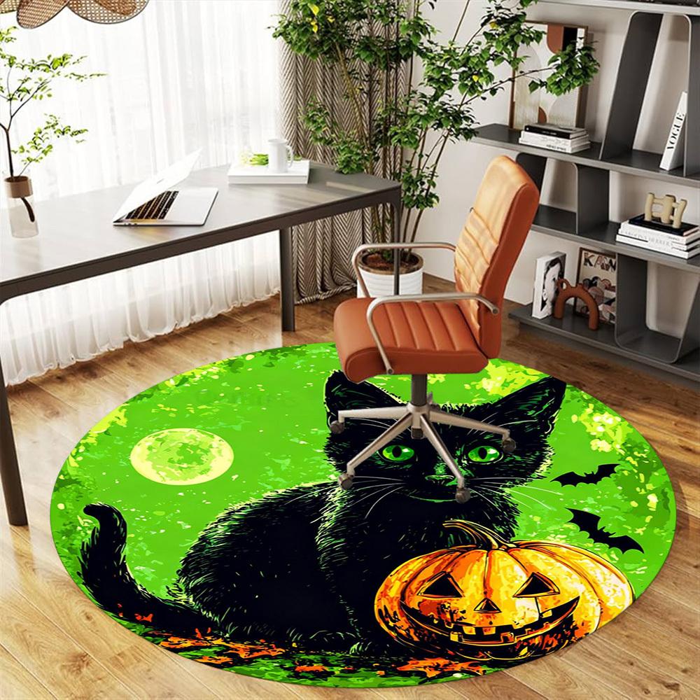 1pc Halloween black cat Round Chair mat office Area Rug - Non-Slip, Floor Mat for Office, Bedroom, Ideal home decor gift c0112125