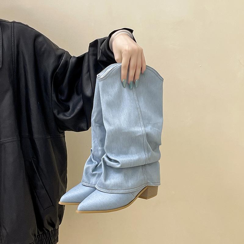 Versatile Retro Pointed Short Boots Thin Cowboy Boots Autumn and Winter Fashion Pleated Trouser Boots Thick Heel Medium Tube Fashion Boots