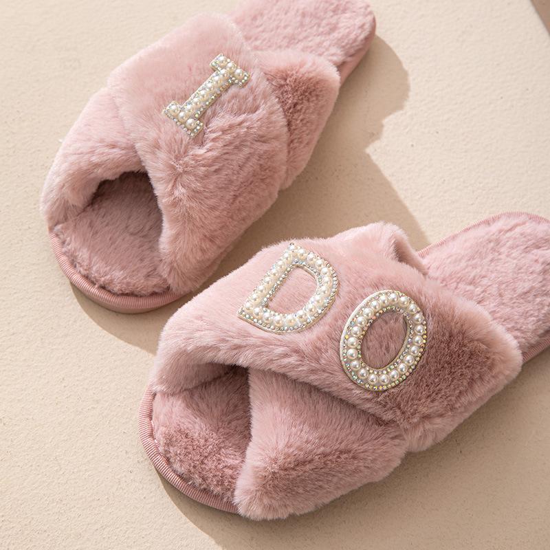 IDO Women's Furry Pearl Wedding Bachelorette Plush Slippers