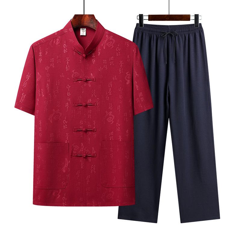 Chinese Style Casual Tops, Small Shirts, Middle-aged and Elderly Short-sleeved Button-down Shirts and Trousers Two-piece Set
