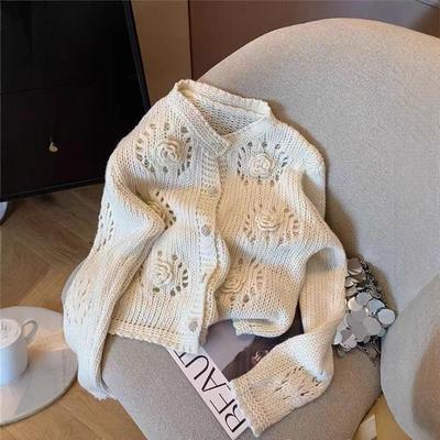 Three-dimensional Crochet Hollow Sweater Cardigan Women's Spring Design Sense Niche Gentle Sweet Soft Waxy Knitted Coat