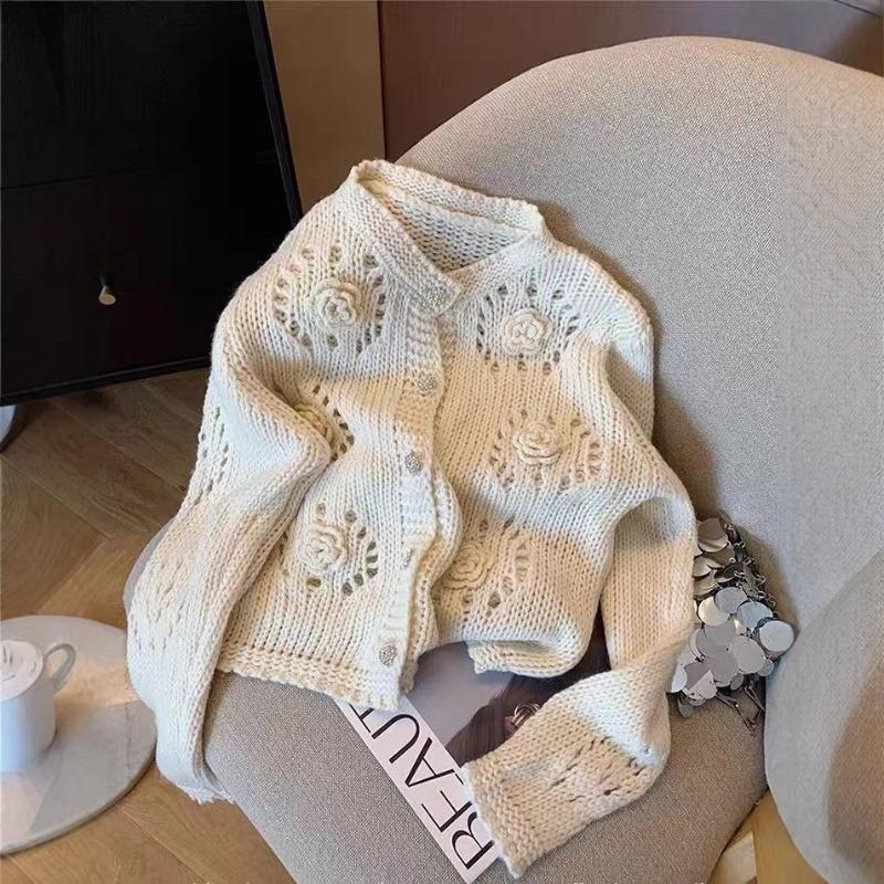 Three-dimensional Crochet Hollow Sweater Cardigan Women's Spring Design Sense Niche Gentle Sweet Soft Waxy Knitted Coat