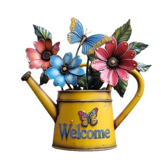 Garden Gifts for Gardening Lovers Rustic Metal Watering Can Wall Art, Flower Butterfly Welcome Sign, Farmhouse Pastoral Style Hanging Decor Iron Porch