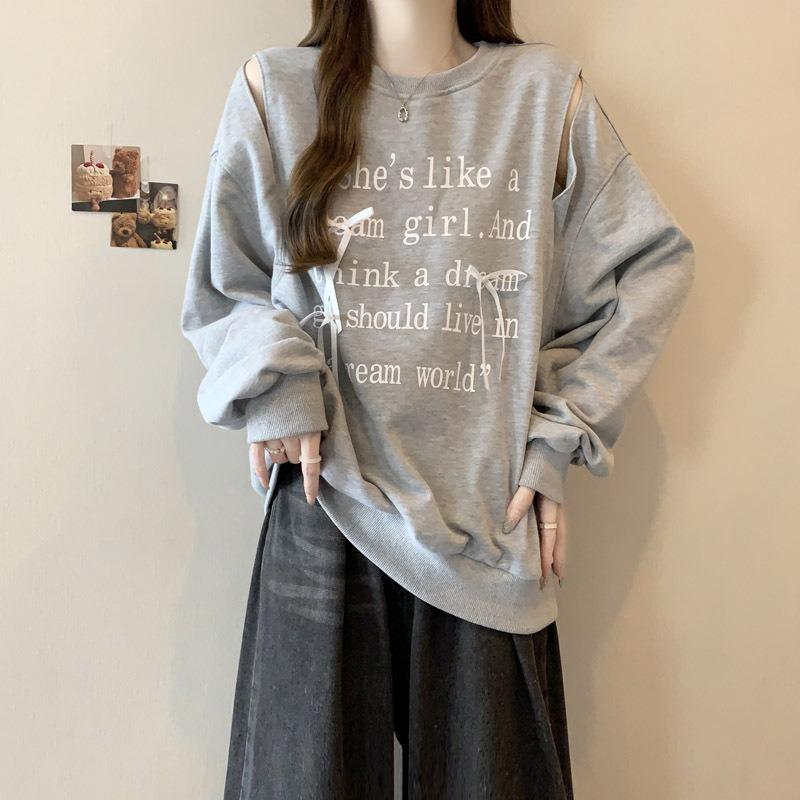 

Wind real shot bow hollow loose sweater women s season thin round neck pullover jacket 2XL сірий колір