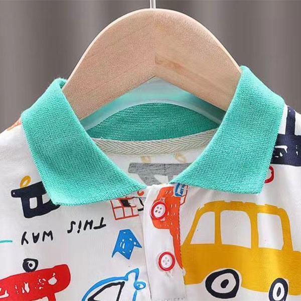 Cămașă cu mânecă scurtă cu rever cu model de mașină acoperită cu bumbac pentru bebeluși de vară de 0-5 ani, cu set de 2 piese de pantaloni scurți versatili casual din denim