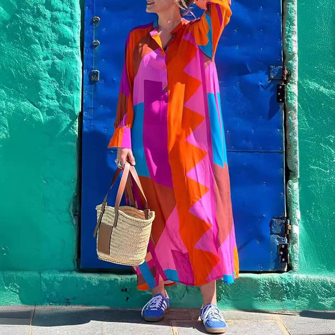 

Женское длинное платье-рубашка с длинным рукавом и V-образным вырезом, свободное, с геометрическим принтом L красный