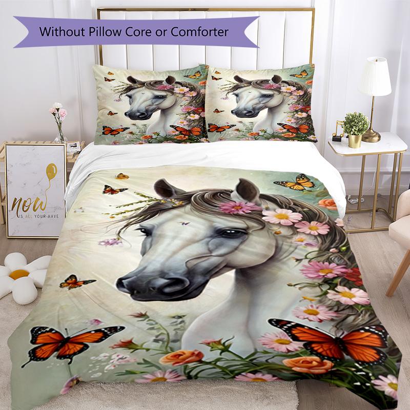 Horse Bedding Set Breathable Duvet Cover with Pillowcases Decorative Bed Linen for Bedroom Home Decoration Birthday Gift