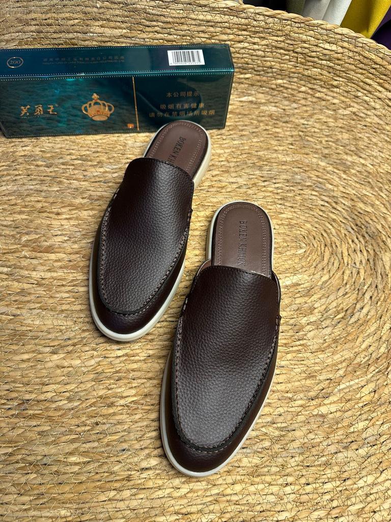 New lychee pattern cowhide leather men's shoes flat-bottomed bag head slippers men's flat-bottomed outer wear one and a half slippers