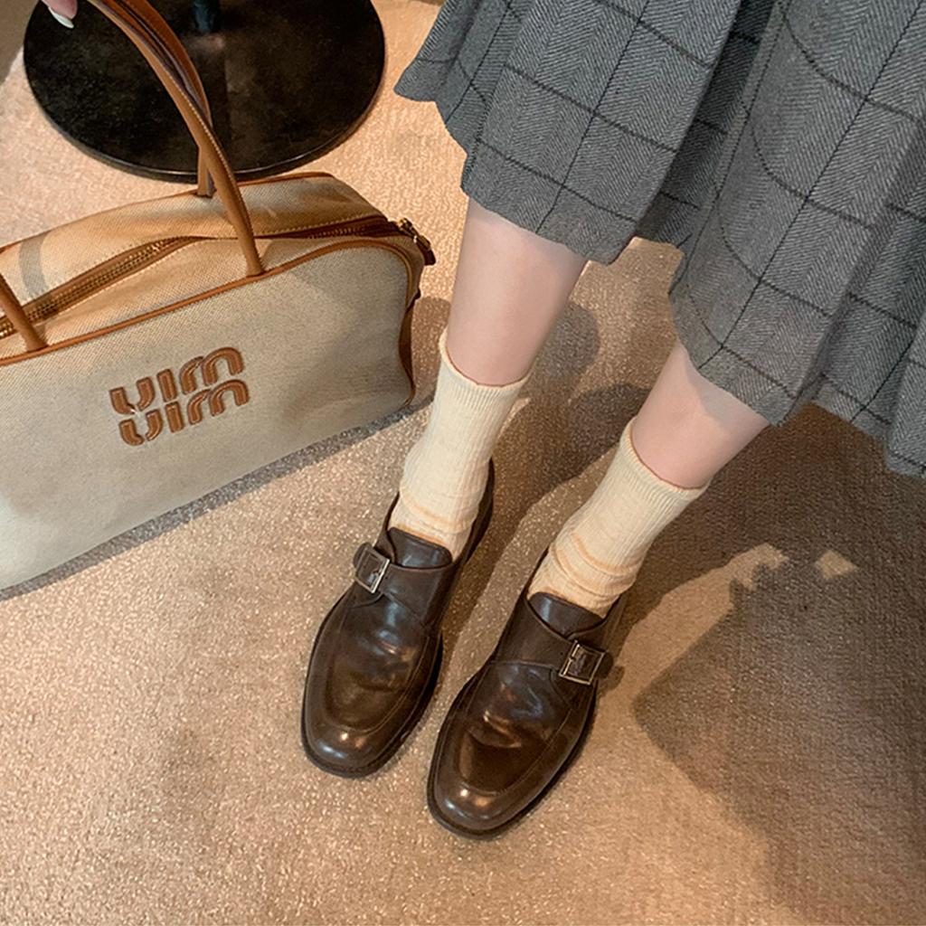 Sheepskin~ Round head leather platform loafers women's buckle strap thick heel Oxford shoes British with skirt lazy small leather shoes