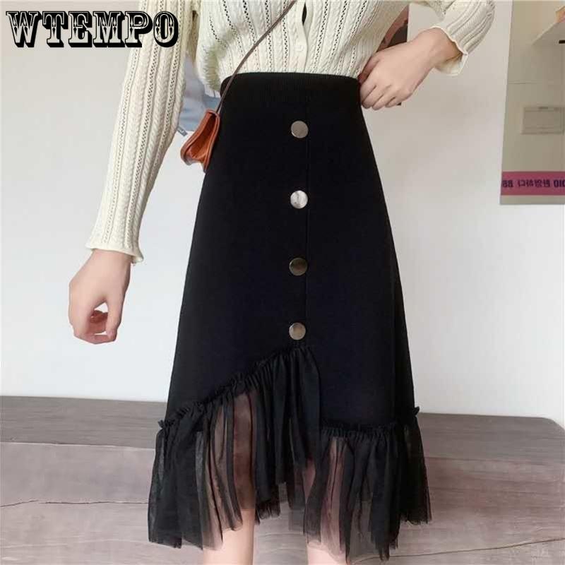 Elegant Black Single Row Button Elastic High Waist A Line Knitted Half-body Skirt Female Irregular Hem Mesh Splicing Package Hip Skirt