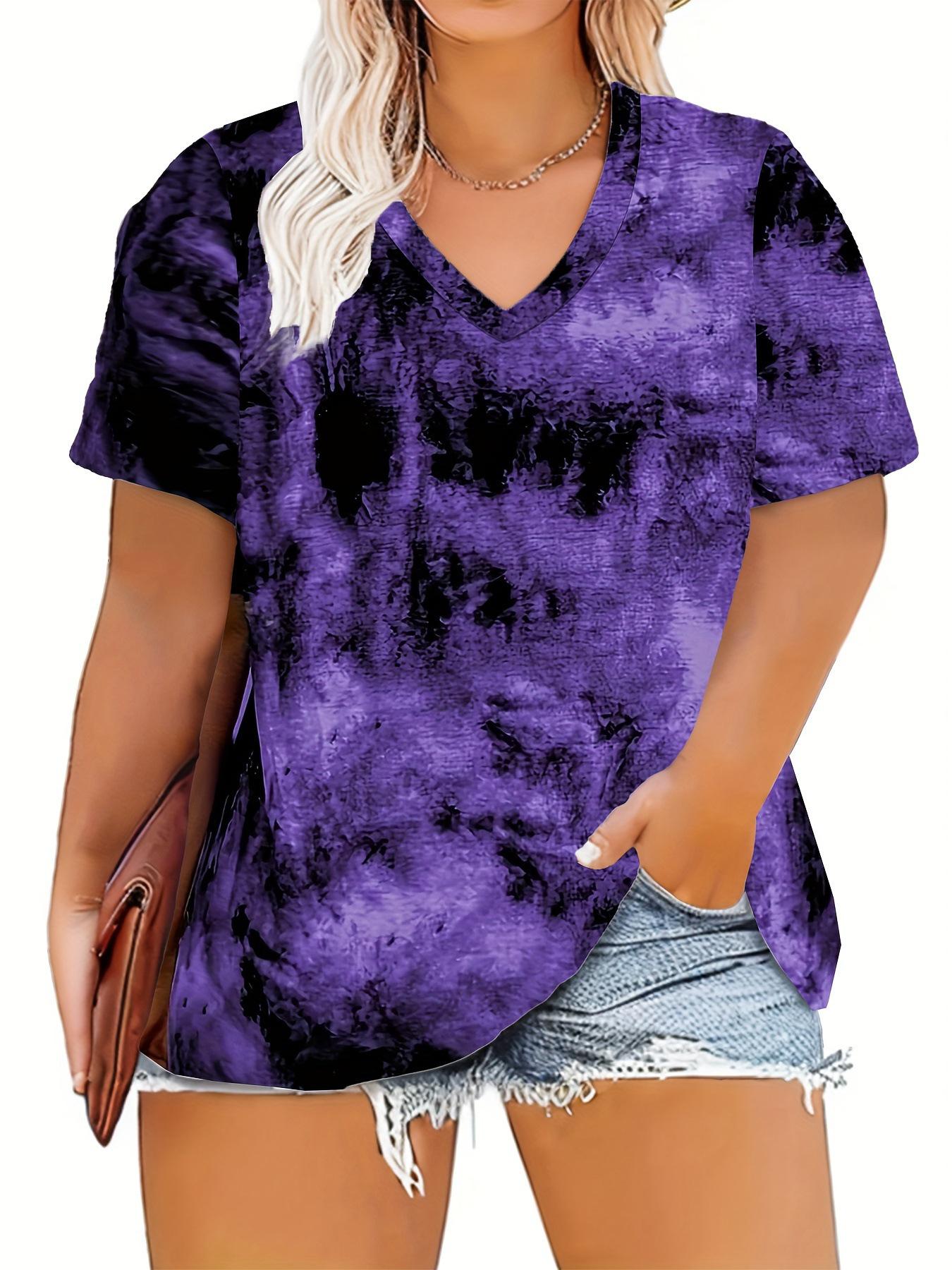 

2025 Women s Plus Size Tie-Dye V-Neck Short-Sleeve Top - Purple, Red & Gray 5XL фиолетовый