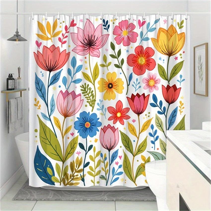 1pc Floral Shower Curtain - Hand-Painted Flowers & Leaves, Polyester, 70.8x70.8 , 12 Hooks, Washable W90XH180cm