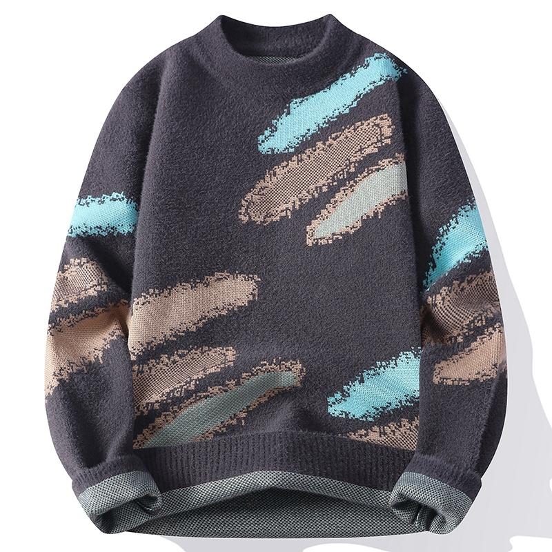 

Autumn and Winter Contrasting Color Pullover Loose Letter Sweater Men s Round Neck Bottoming Shirt Men s Knitted Sweater Top L сірий колір