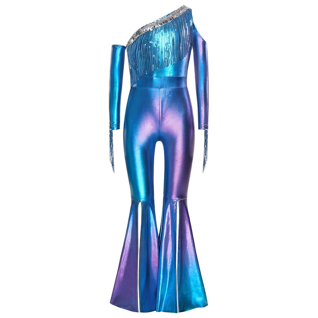 Flickor Metallisk Glänsande Tävlingsdräkt Off Shoulder Långärmad Paljett Tofs Design Klockben Delade Ben Jumpsuit