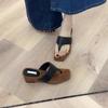 Keep version~ Thick-soled heightening flip-flops, retro minimalist square toe cool slippers, women's slope heel beach shoes