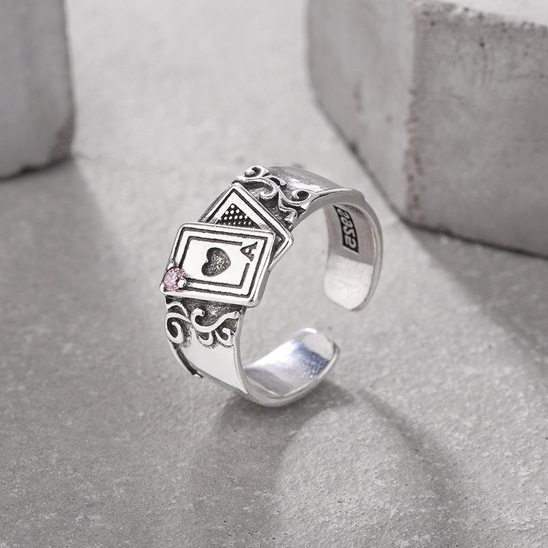 Vintage Thai Heart Pink Diamond Poker Theme Unisex Ring