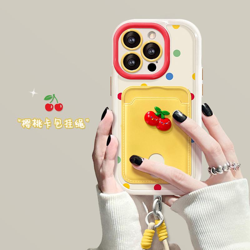 Applicable To Apple 15 Mobile Phone Case Iphone14pro Cherry Doll Card Bag Lanyard 13 All-inclusive Anti-drop 12 Niche X
