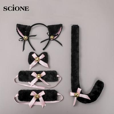 5-teiliges Set Lolita Cat Girl Cosplay Katzenohren Haarband Fliege Handglocke Katzenschwanz Zubehörset